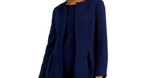 Le Suit Women's Long Jewel Neck Jacket And Sheath Dress Suit Blue Size 4
