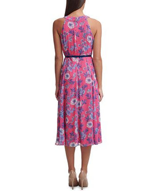 Tommy Hilfiger Women's Floral Chiffon Belted Midi Dress Pink Size 14