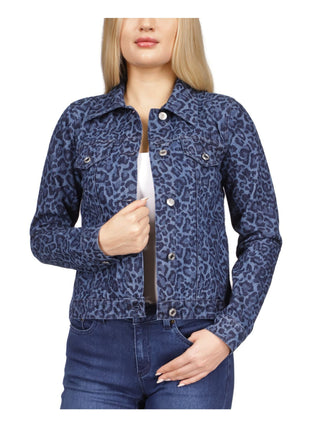 Michael Kors Women's Pocketed Button Up Spread Collar Animal Print Denim Jacket Blue Size Medium