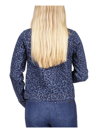 Michael Kors Women's Pocketed Button Up Spread Collar Animal Print Denim Jacket Blue Size Medium