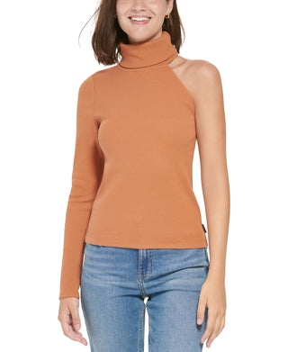 Calvin Klein Women's One Shoulder Turtleneck Top Brown Size Small