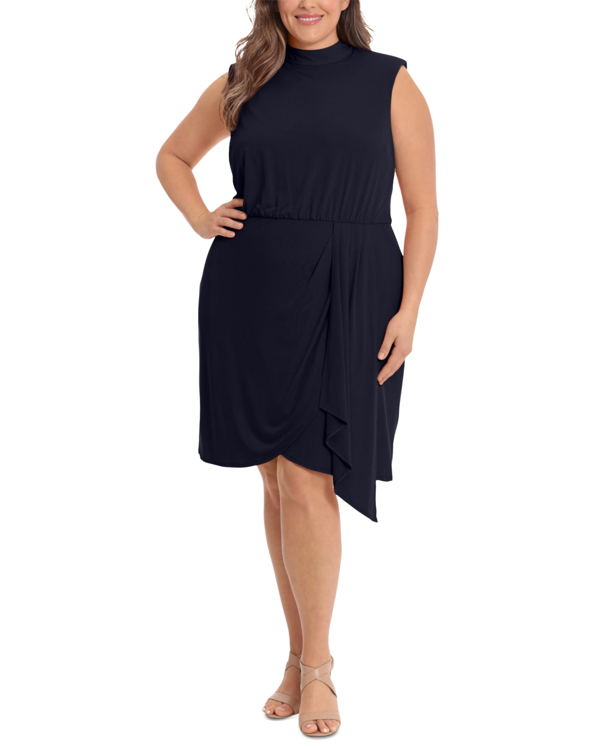 London Times Plus Size Draped-Front Sheath Dress, Navy, Size 14W