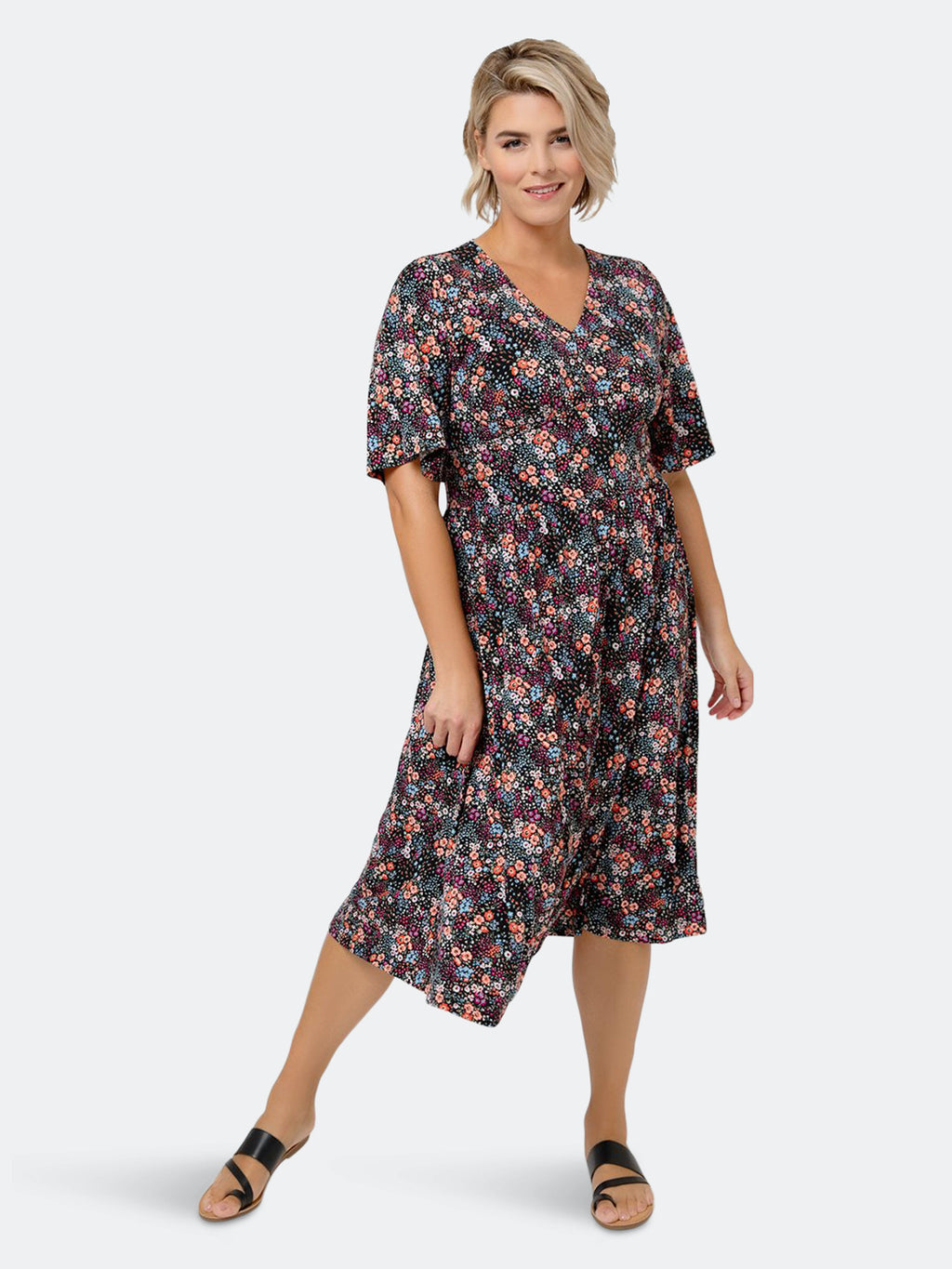 Leota Women's Zoe Floral Print Midi Dress Blue Size 2X