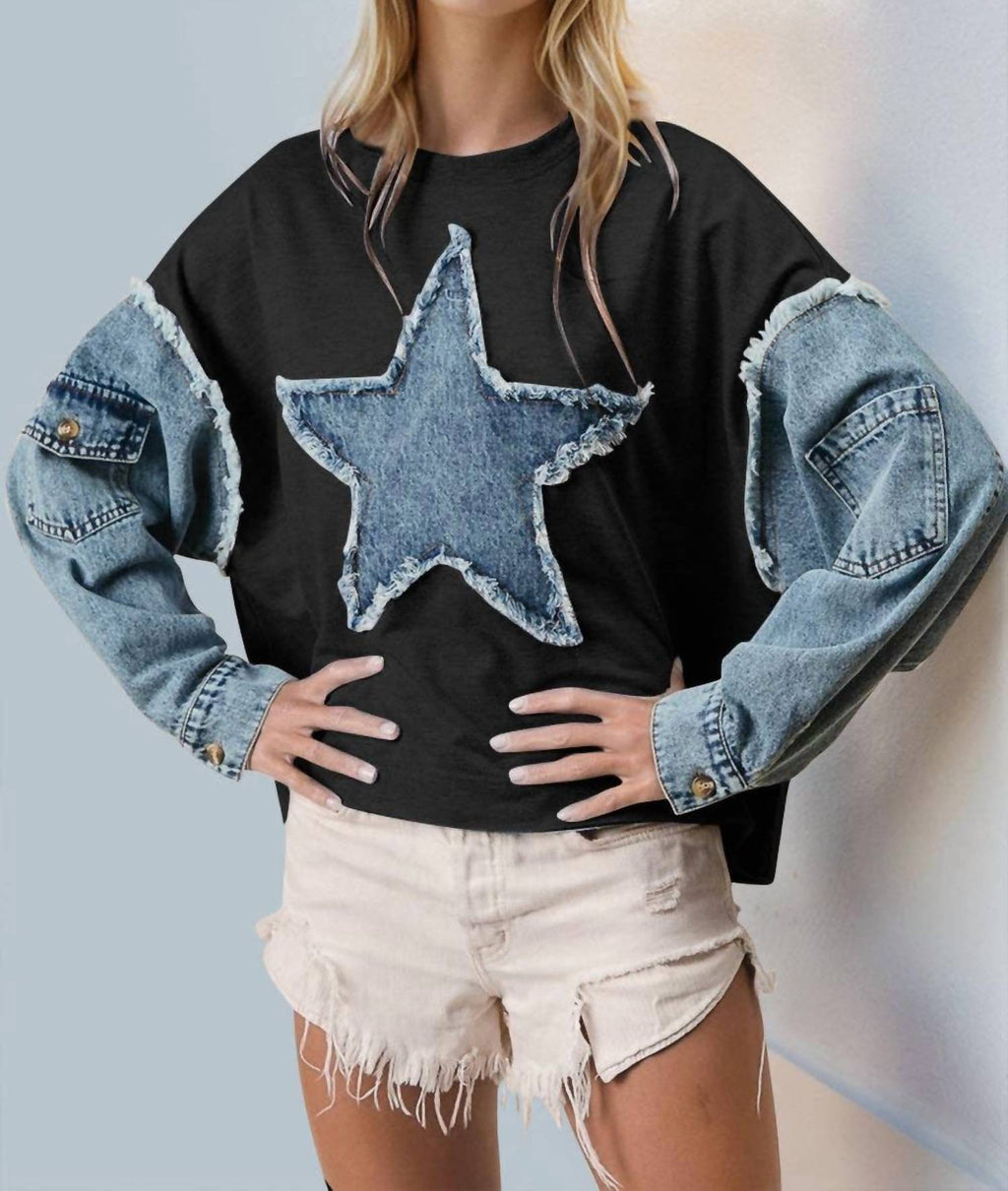 Black Star Fake Two-piece Cutout Shoulder Sweatshirt