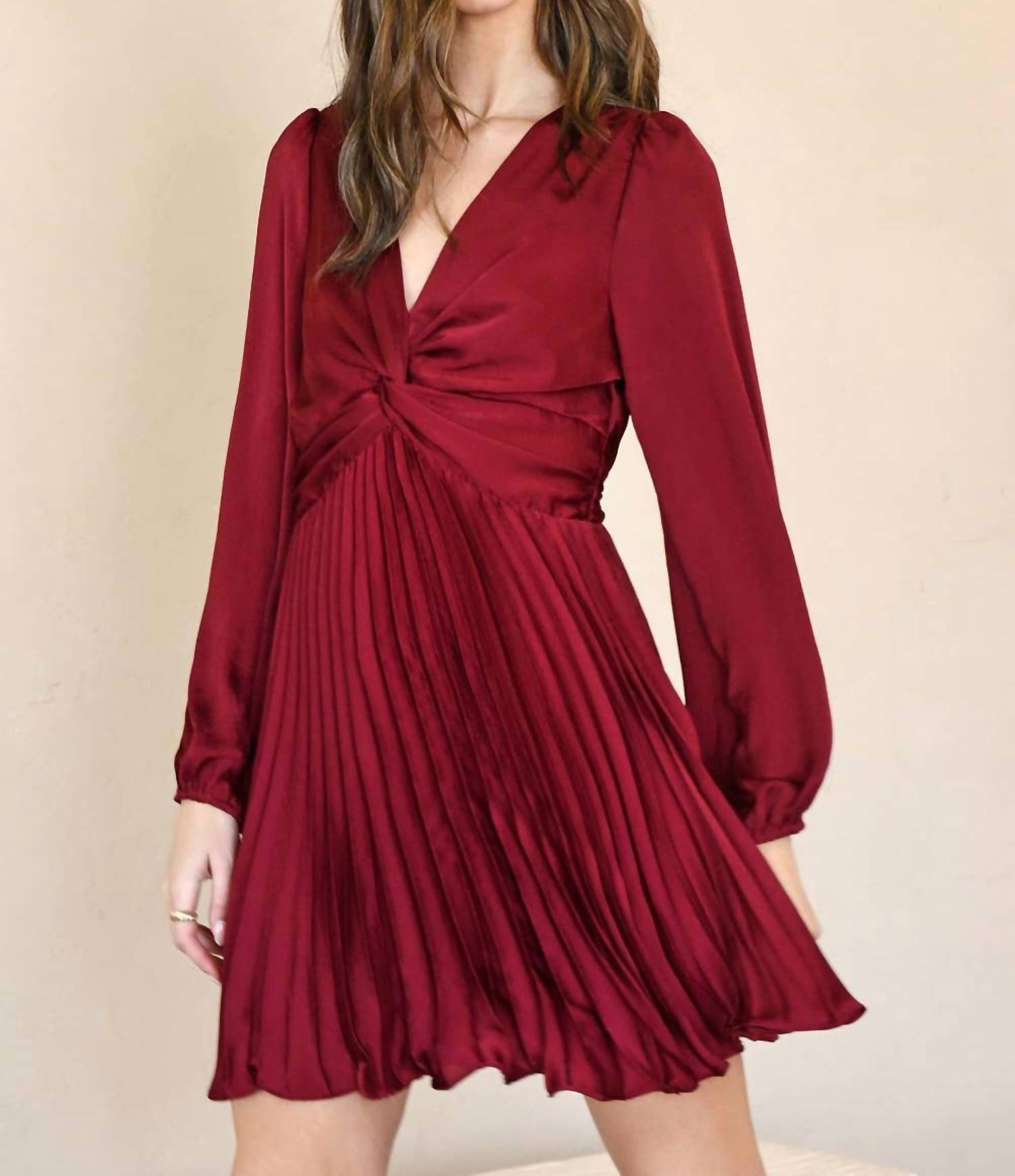 adelyn rae pleated dress Adelyn Rae Pleated Long Sleeve Mini Dress In Wine - 60% Off