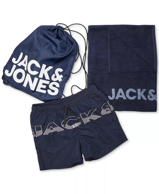 Jack & Jones Men's 3 Pc Swim Trunks Towel & Drawstring Beach Bag Set Blue Size Large