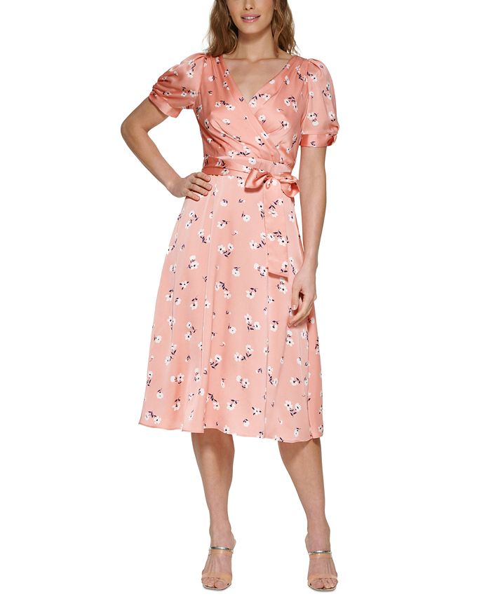 DKNY Women's Printed Satin Faux Wrap Midi Dress Pink Size 10 DKNY Women's Printed Satin Faux Wrap Midi Dress Pink Size 10