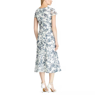 Ralph Lauren Women's Lace Floral Short Sleeve V Neck Tea Length Formal Fit Flare Dress Blue Size 8