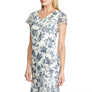 Ralph Lauren Women's Lace Floral Short Sleeve V Neck Tea Length Formal Fit Flare Dress Blue Size 8