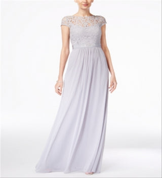 Adrianna Papell Women's Short Sleeve Illusion Neckline Full Length Evening Empire Waist Dress Grey Size 14