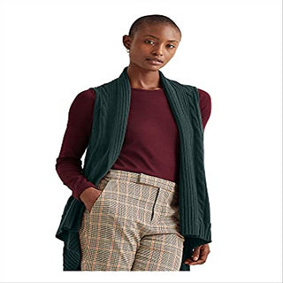 Ralph Lauren Women's Cable knit Sleeveless Open Cardigan Vest Sweater Green Size Small