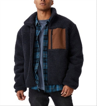 COTTON ON Men's Pocket Teddy Zip Through Fleece Sweater Blue Size Large