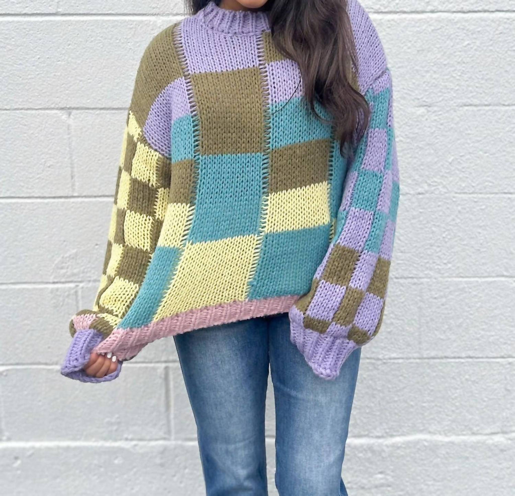 BiBi Flower Checker Pattern Lightweight Sweater Top main image 1