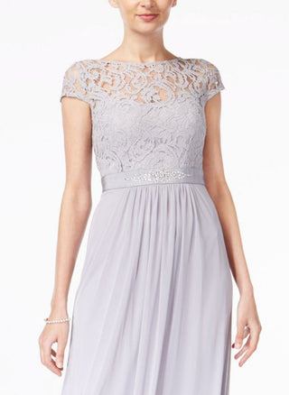 Adrianna Papell Women's Short Sleeve Illusion Neckline Full Length Evening Empire Waist Dress Grey Size 14