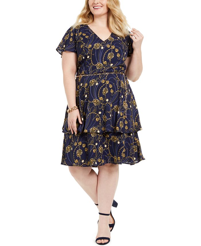 Teeze Me Junior's Printed Belted Fit & Flare Dress Blue Size 24