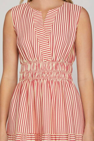 She + Sky - Striped Split Neck Sleeveless Midi Dress