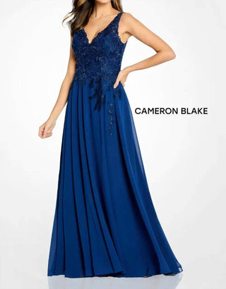 Cameron Blake - V-Neck Beaded Lace Evening Gown