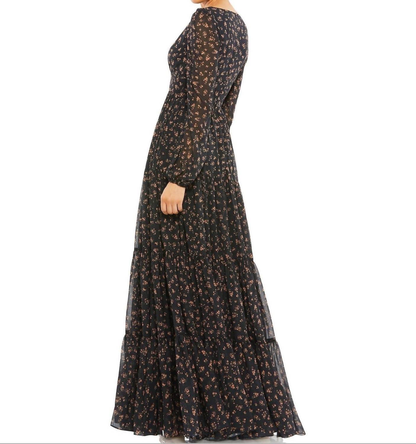 Ieena For Mac Duggal - Floral Ruffles Tiered Long Sleeve Maxi Dress