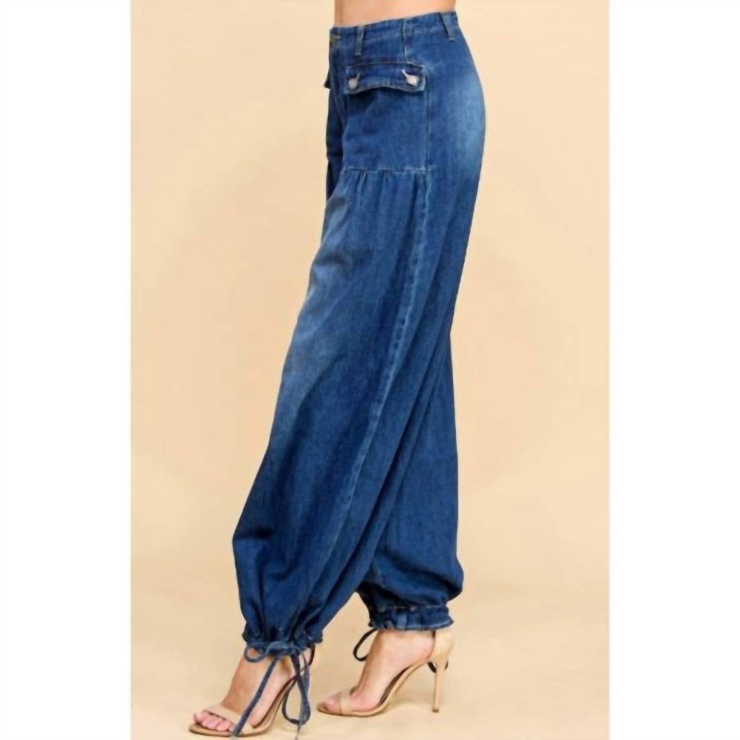 Veveret - Drawstring Hem Wide Leg Denim Pants