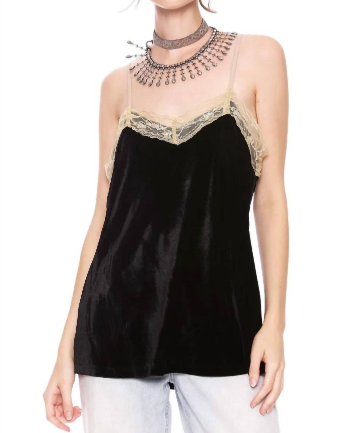 Aratta - Velvet Lace Trim Cami With Sequins And Pearls