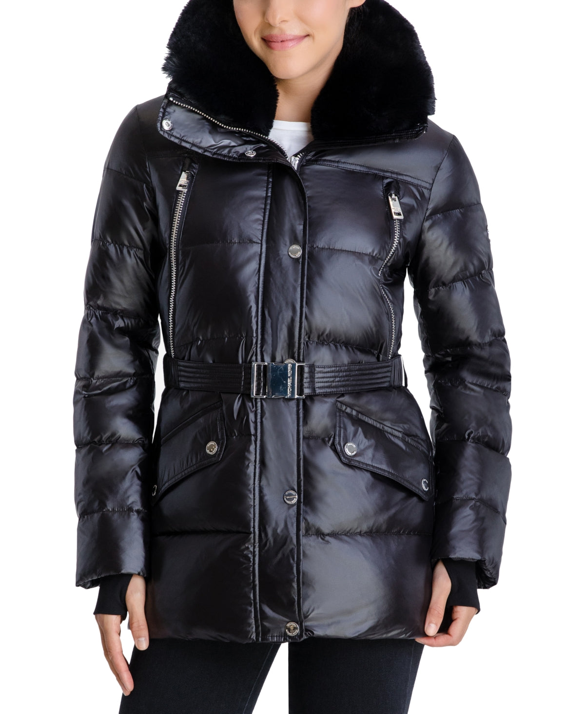 Michael Kors Women's Belted Faux Fur Trim Hooded Down Puffer Coat Black Size Large