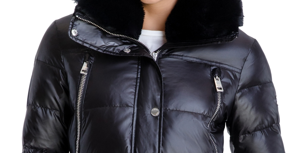 Michael Kors Women's Belted Faux Fur Trim Hooded Down Puffer Coat Black Size Large