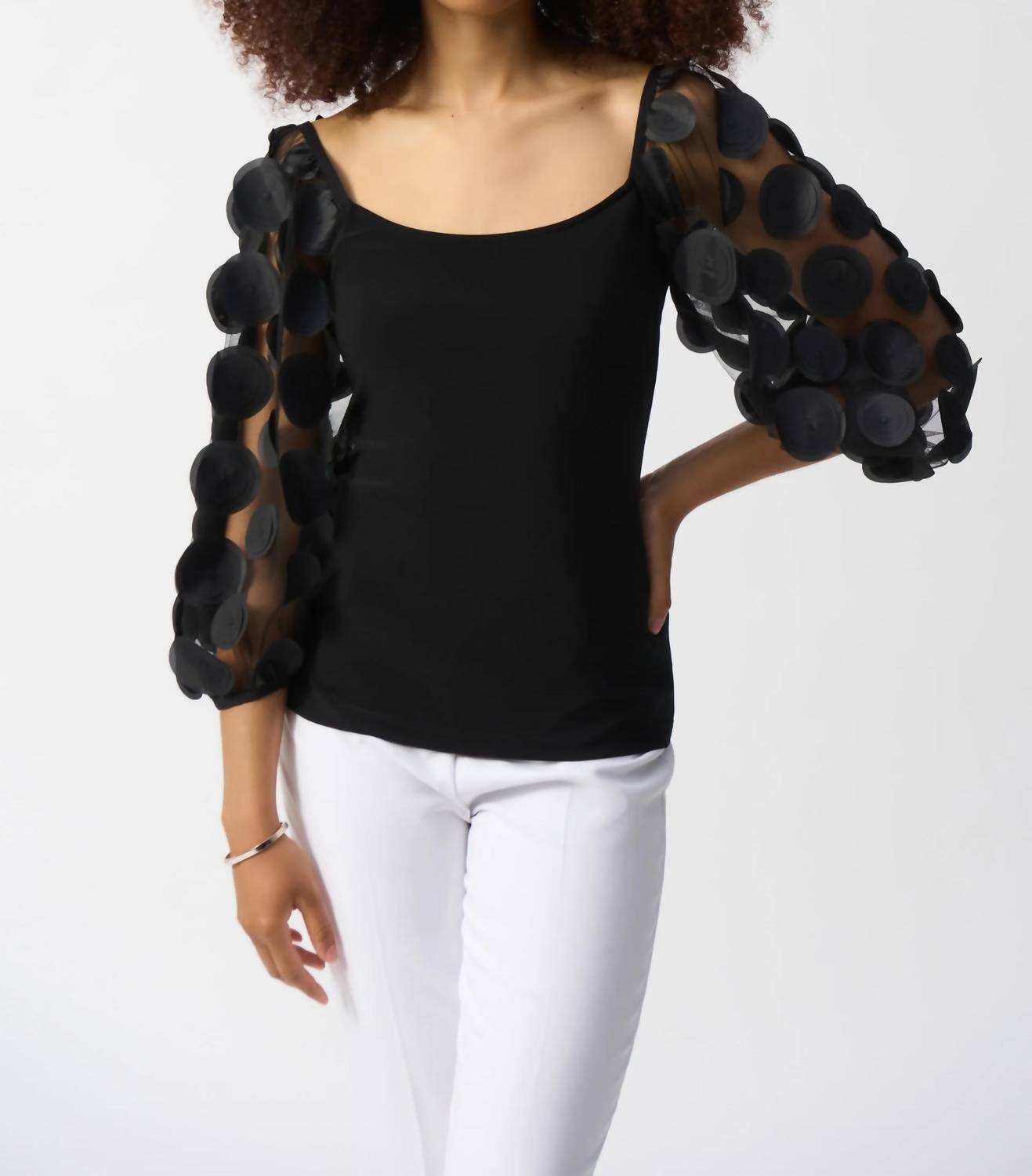 Joseph Ribkoff - Dots Appliqué Mesh Sleeve Top