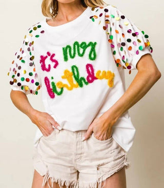 Trendsi - BiBi Metallic Letter Spangle Raglan Puff Sleeve Top