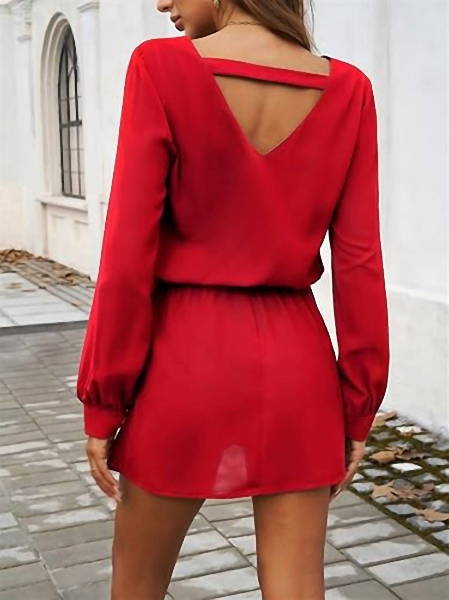 Supreme Fashion - Solid V-neck Elastic Waist Mini Dress