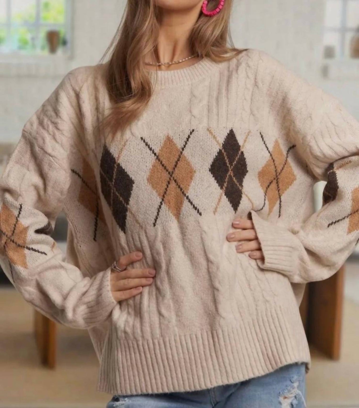 Adora - Diamond Pattern Cable Knit Sweater