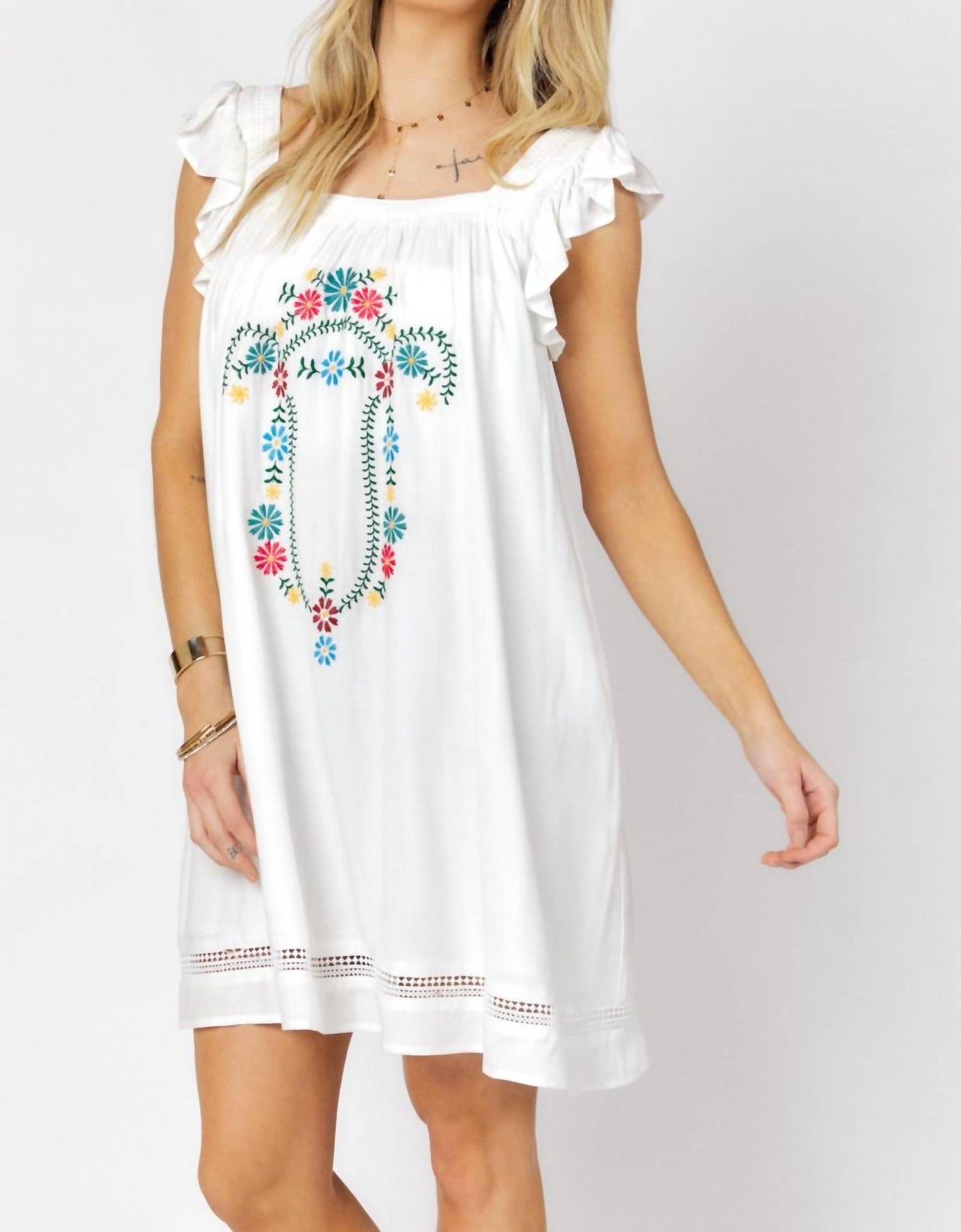 Davi & Dani - Embroidered Square Neck Mini Dress