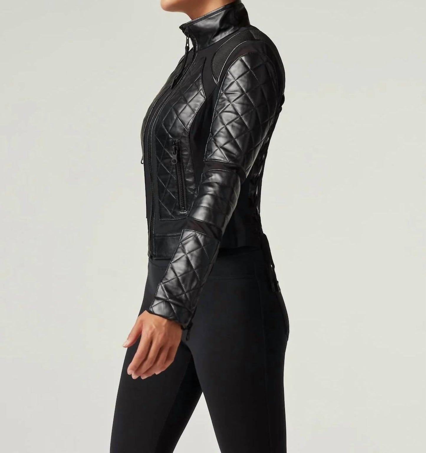 Blanc Noir - Classic Leather Mesh Moto Jacket With Diamond Quilting