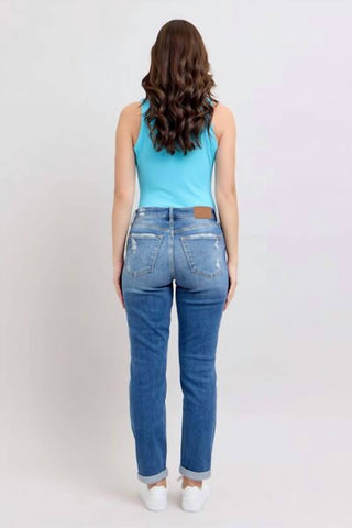 Judy Blue - Mid Rise Button Fly Distressed Boyfriend Jeans