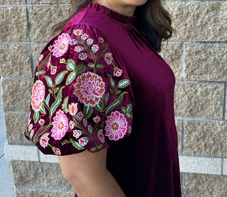 Thml - Embroidered Velvet Puff Sleeve Top