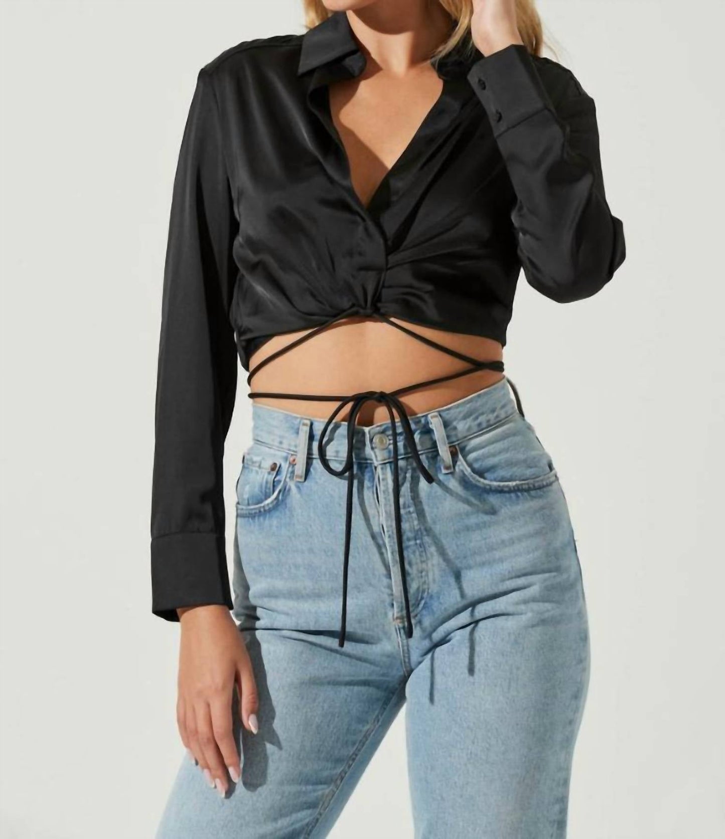 Astr - Perry Satin Wrap Front Tie Waist Top