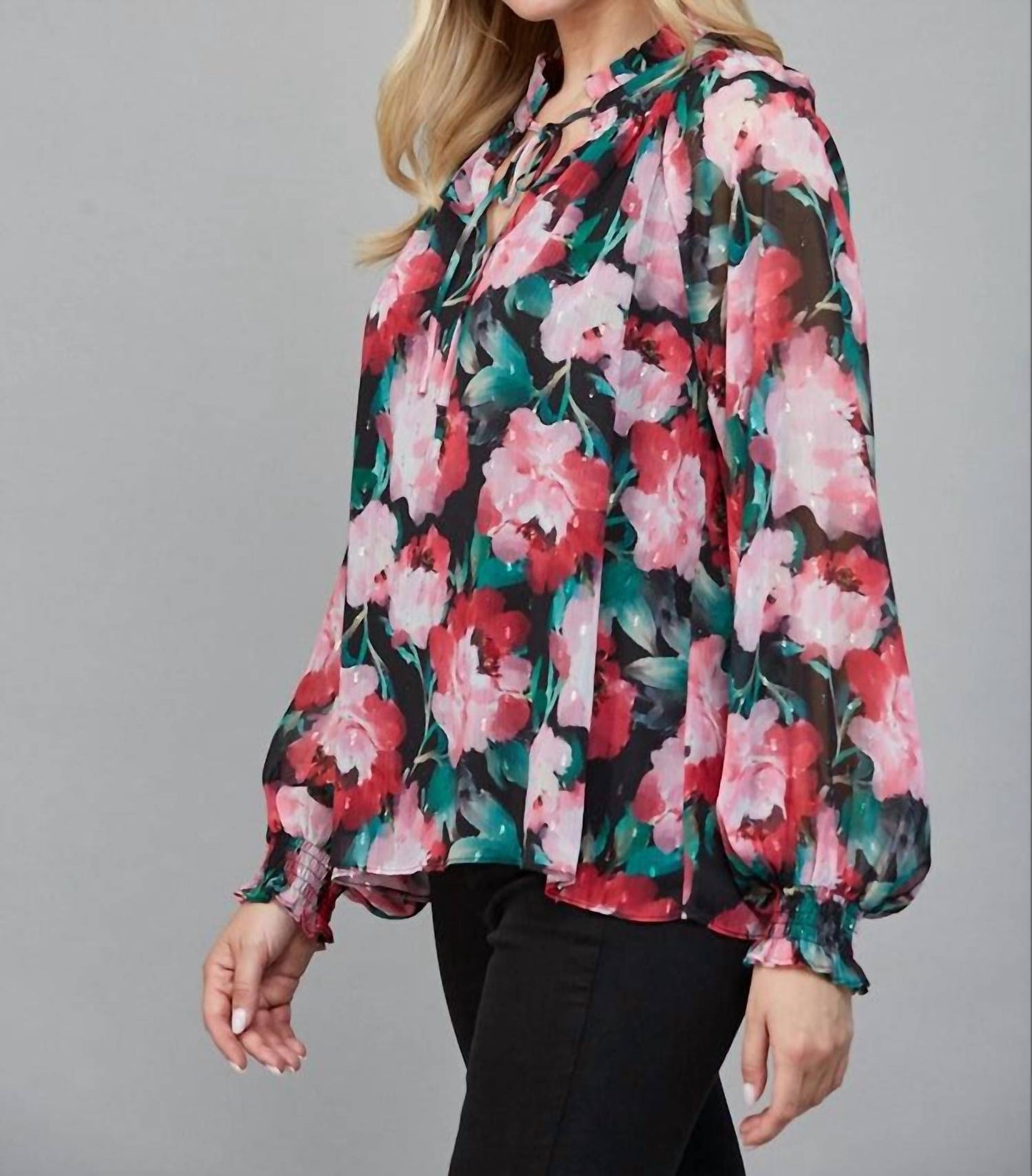 61 Jane - Women's Floral Keyhole Tie Neck Blouse