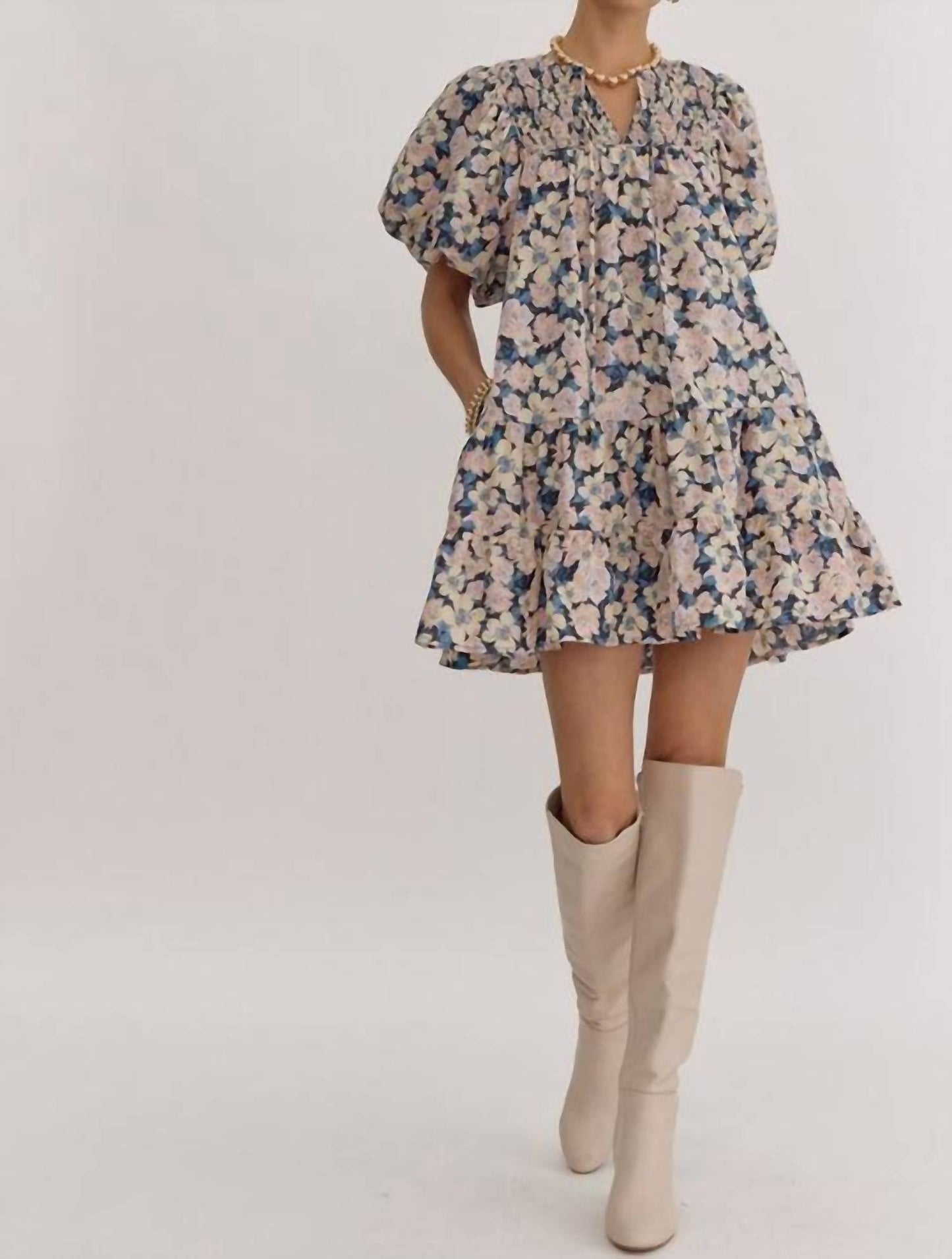 Entro - Ballina Floral Print V-Neck Bubble Sleeve Mini Dress