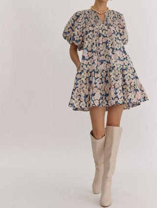 Entro - Ballina Floral Print V-Neck Bubble Sleeve Mini Dress