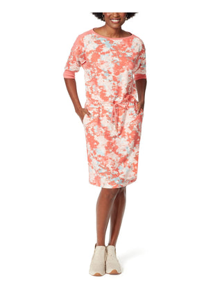 Anne Klein Women's Stretch Pocketed Drawstring Waist Ribbed Trim Printed Elbow Sleeve Boat Neck Knee Length Sweatshirt Dress Red Size Large