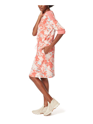 Anne Klein Women's Stretch Pocketed Drawstring Waist Ribbed Trim Printed Elbow Sleeve Boat Neck Knee Length Sweatshirt Dress Red Size Large