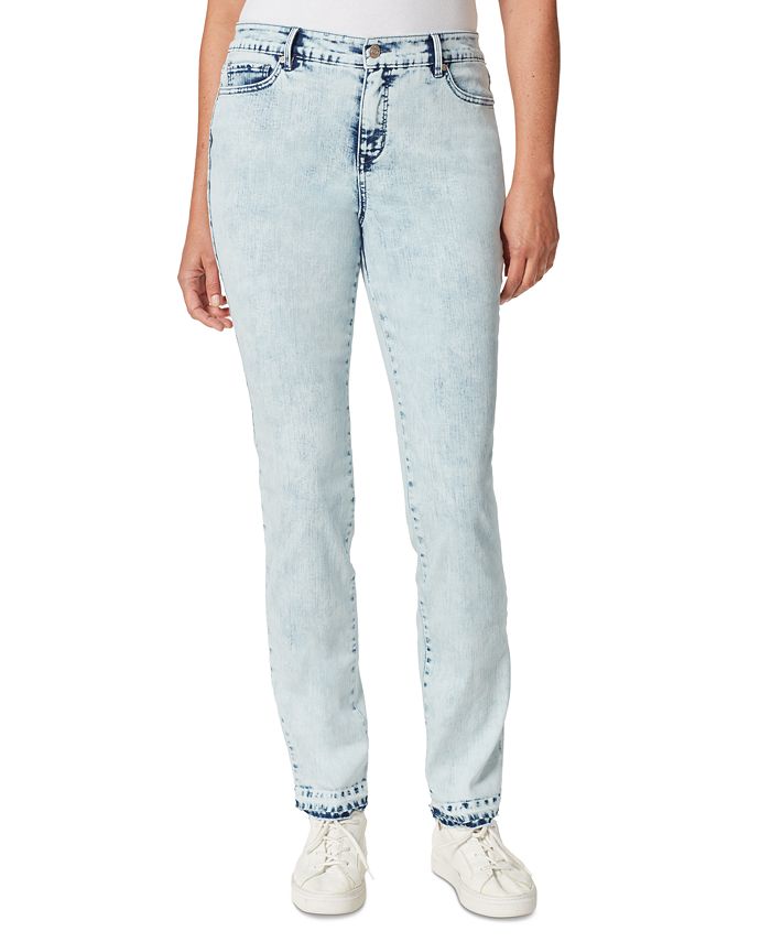 Gloria Vanderbilt Women's Zippered Pocketed Raw Hem Acid Wash Straight Leg Jeans Blue Size 14