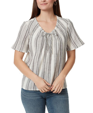 Anne Klein Women's Textured Pullover Logo Hardware Striped Short Sleeve Tie Neck Top White Size X-Large