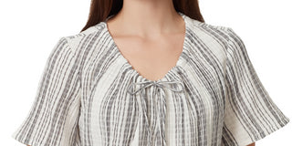 Anne Klein Women's Textured Pullover Logo Hardware Striped Short Sleeve Tie Neck Top White Size X-Large