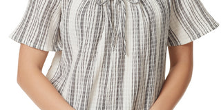 Anne Klein Women's Textured Pullover Logo Hardware Striped Short Sleeve Tie Neck Top White Size X-Large