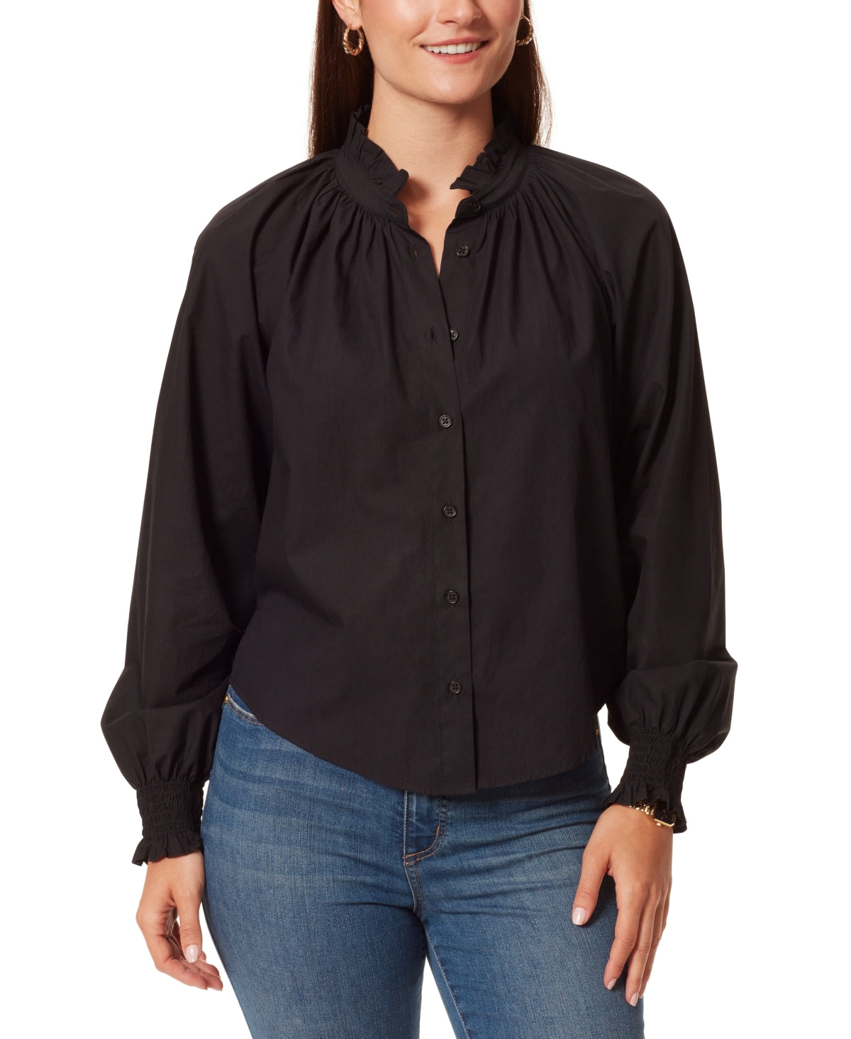 Anne Klein Women's Jo Poplin Ruffle Collar Blouse Black Size Small