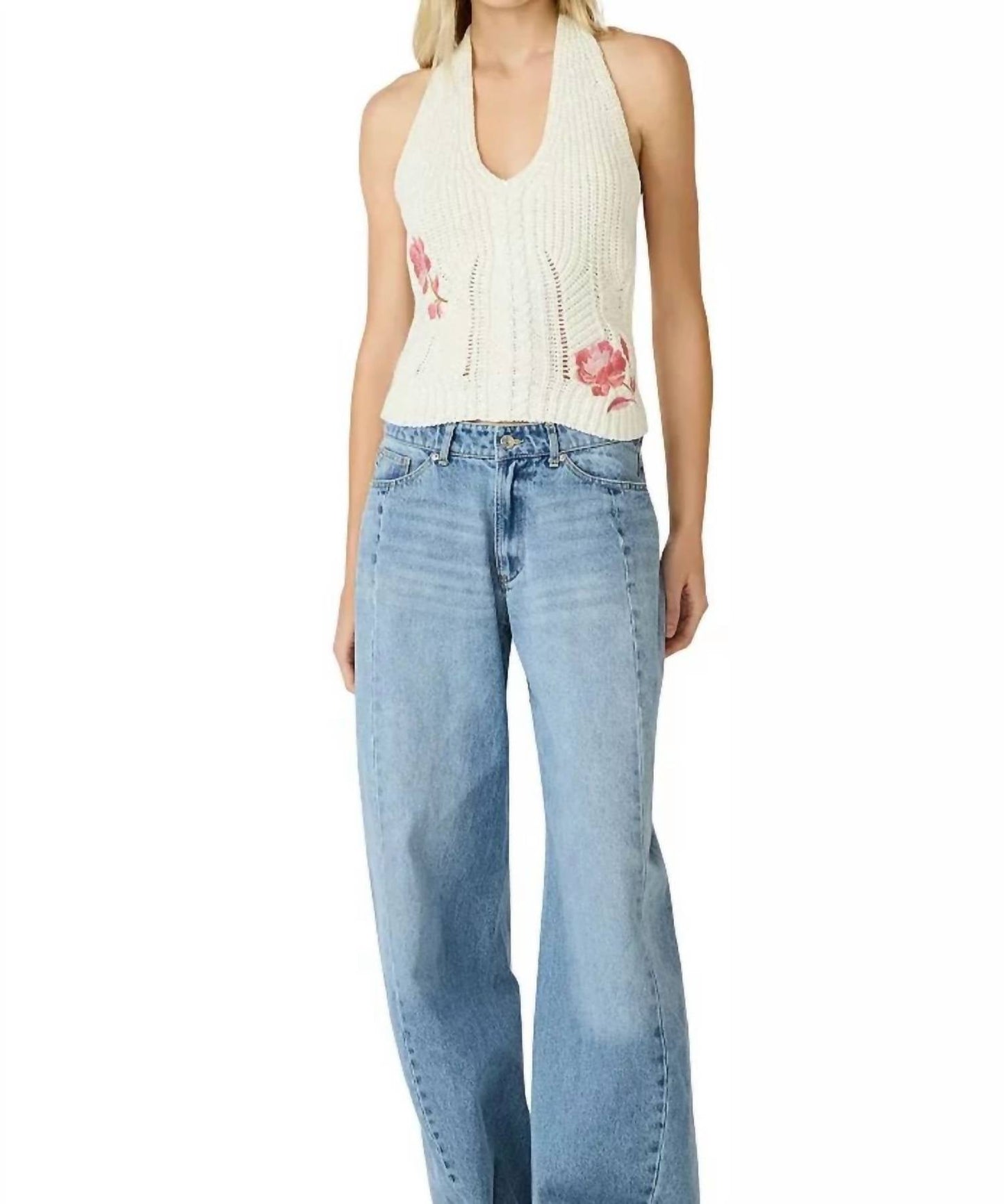 Steve Madden - Opal Floral Embroidered Crochet Knit Halter Top