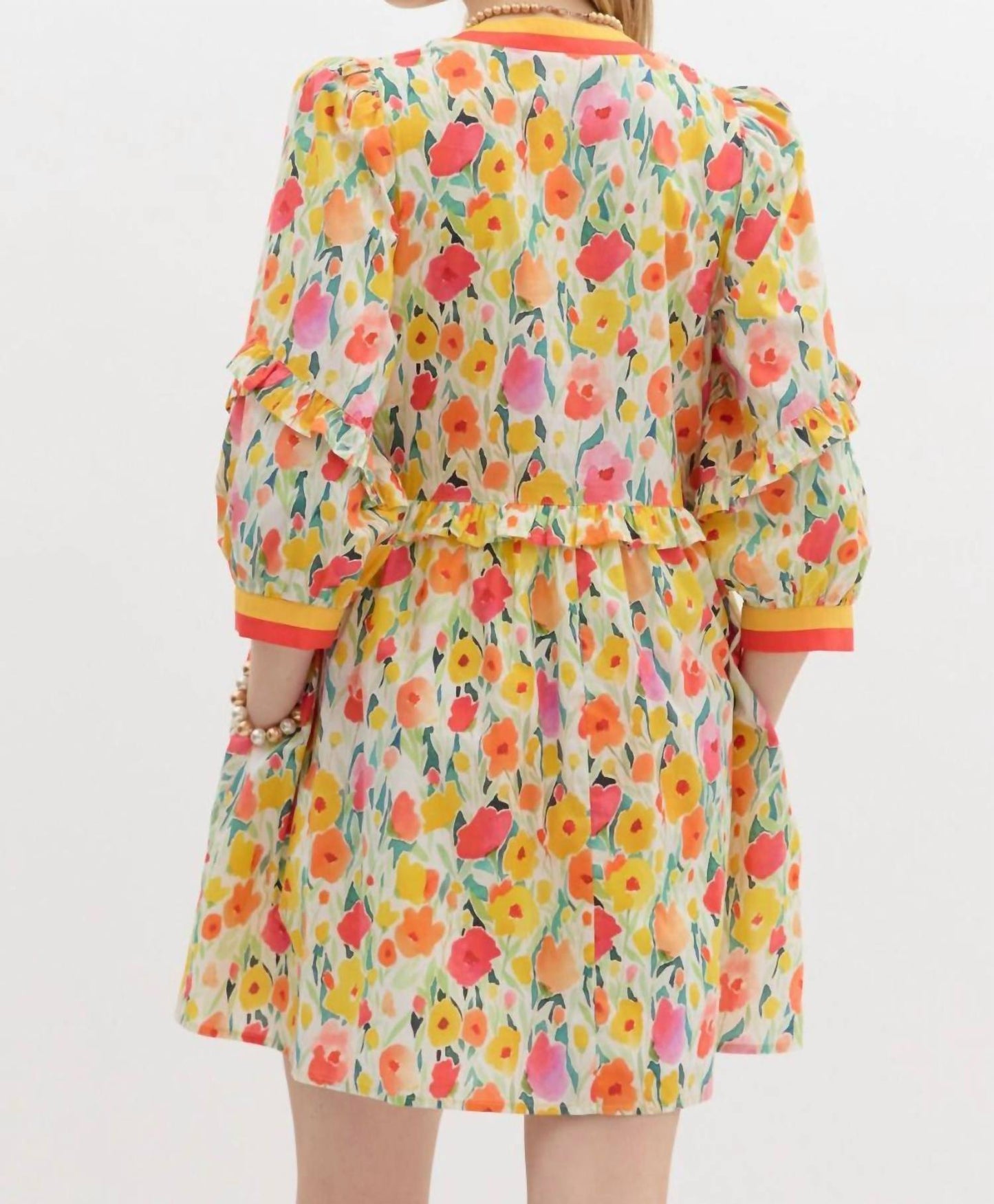 Entro - Floral Breeze Mini Dress with Ruffle Accents & Banded V-Neck Detail