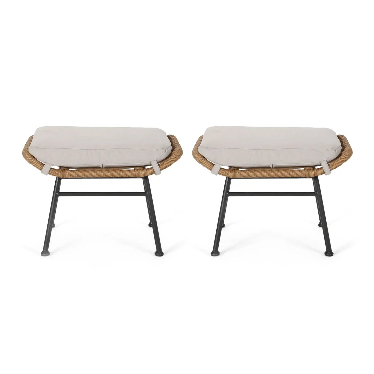 Outdoor Modern Boho Wicker Ottoman With Cushions (Set of 2)
