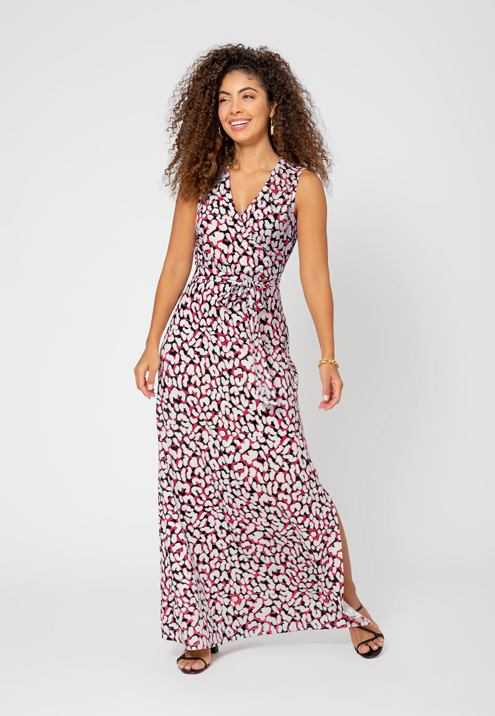 Leota Women's Sleeveless Perfect Wrap Maxi Dress in Brushstroke Leopard Fruit Dove  White