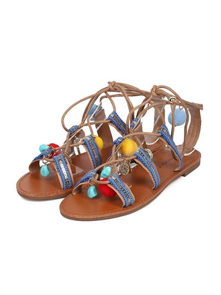 Breckelles - Women's Kylee Pom Pom Open Toe Tie Up Gladiator Sandals